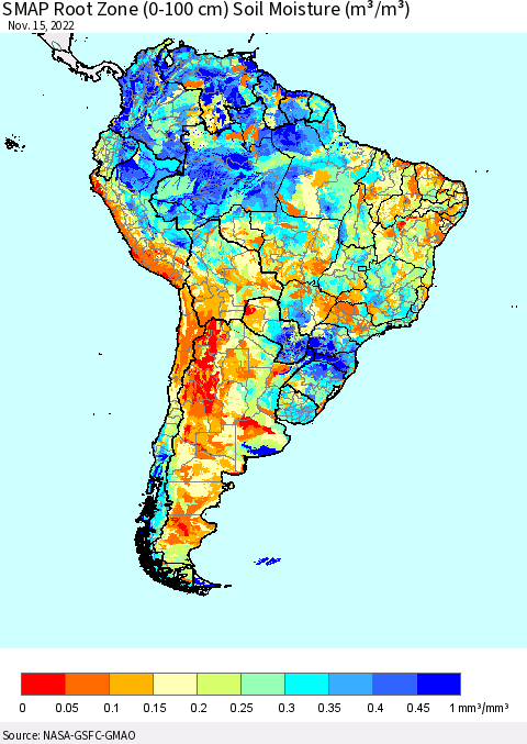 South America SMAP Root Zone (0-100 cm) Soil Moisture (m³/m³) Thematic Map For 11/11/2022 - 11/15/2022