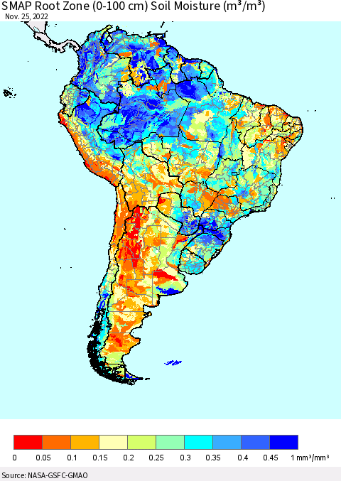 South America SMAP Root Zone (0-100 cm) Soil Moisture (m³/m³) Thematic Map For 11/21/2022 - 11/25/2022