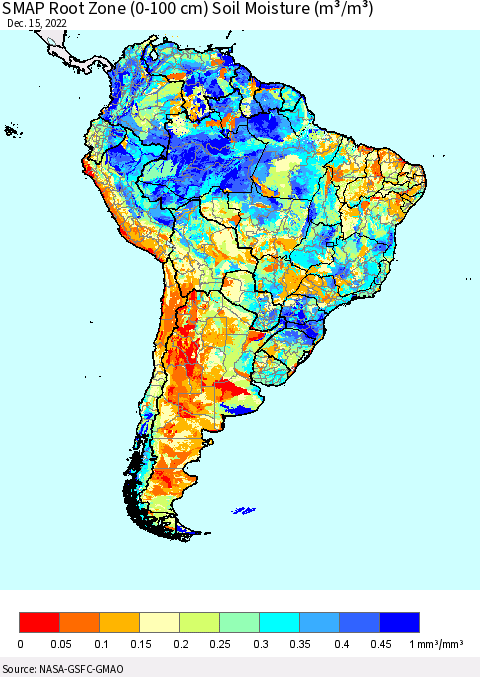 South America SMAP Root Zone (0-100 cm) Soil Moisture (m³/m³) Thematic Map For 12/11/2022 - 12/15/2022