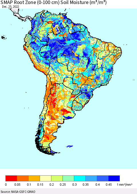 South America SMAP Root Zone (0-100 cm) Soil Moisture (m³/m³) Thematic Map For 12/21/2022 - 12/25/2022