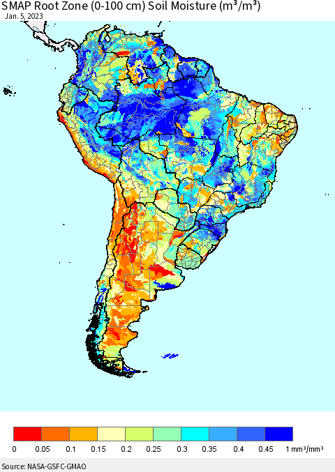 South America SMAP Root Zone (0-100 cm) Soil Moisture (m³/m³) Thematic Map For 1/1/2023 - 1/5/2023