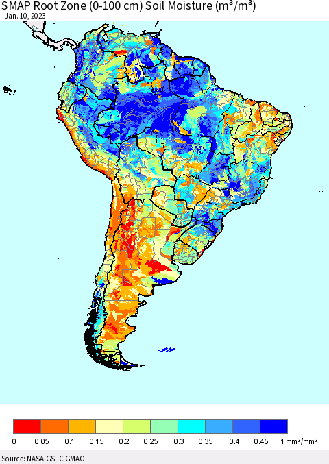 South America SMAP Root Zone (0-100 cm) Soil Moisture (m³/m³) Thematic Map For 1/6/2023 - 1/10/2023