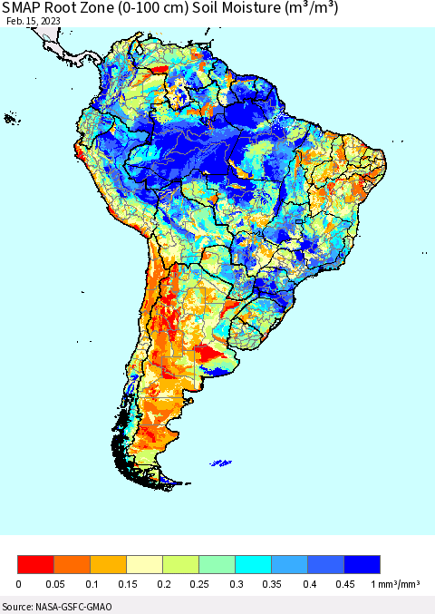 South America SMAP Root Zone (0-100 cm) Soil Moisture (m³/m³) Thematic Map For 2/11/2023 - 2/15/2023