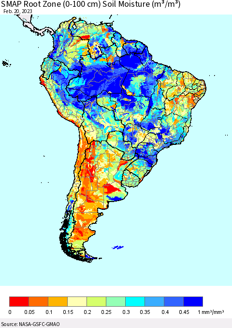 South America SMAP Root Zone (0-100 cm) Soil Moisture (m³/m³) Thematic Map For 2/16/2023 - 2/20/2023