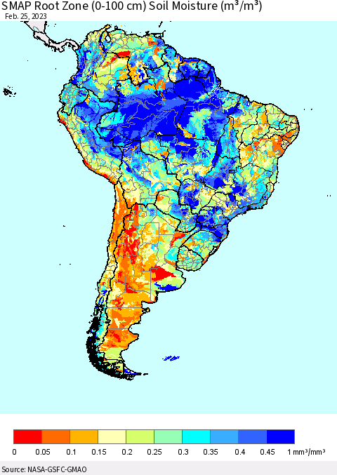 South America SMAP Root Zone (0-100 cm) Soil Moisture (m³/m³) Thematic Map For 2/21/2023 - 2/25/2023