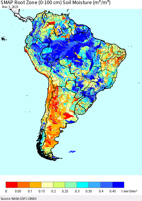 South America SMAP Root Zone (0-100 cm) Soil Moisture (m³/m³) Thematic Map For 3/1/2023 - 3/5/2023