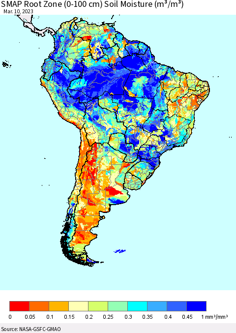 South America SMAP Root Zone (0-100 cm) Soil Moisture (m³/m³) Thematic Map For 3/6/2023 - 3/10/2023