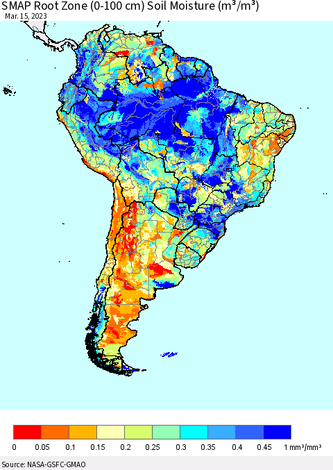 South America SMAP Root Zone (0-100 cm) Soil Moisture (m³/m³) Thematic Map For 3/11/2023 - 3/15/2023
