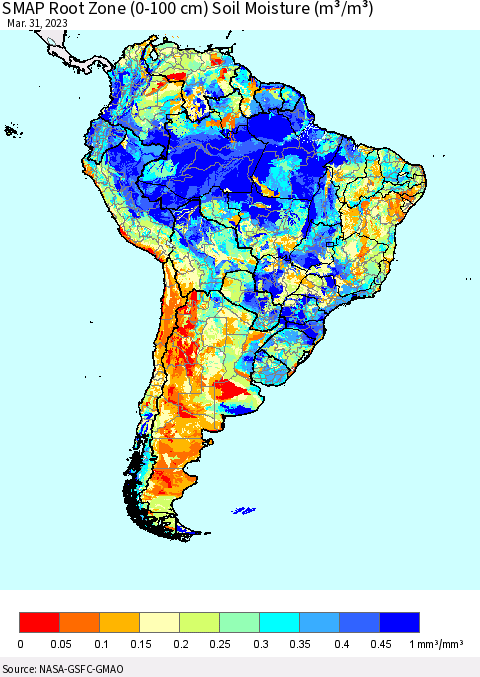 South America SMAP Root Zone (0-100 cm) Soil Moisture (m³/m³) Thematic Map For 3/26/2023 - 3/31/2023
