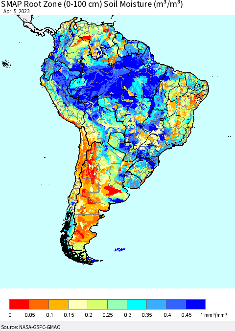 South America SMAP Root Zone (0-100 cm) Soil Moisture (m³/m³) Thematic Map For 4/1/2023 - 4/5/2023