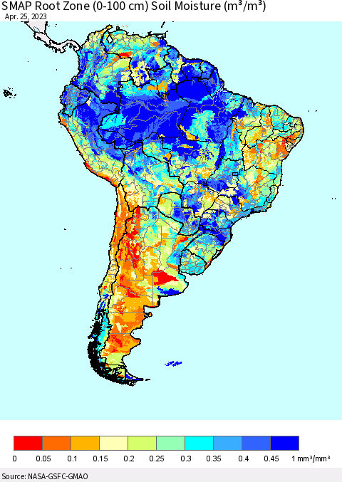 South America SMAP Root Zone (0-100 cm) Soil Moisture (m³/m³) Thematic Map For 4/21/2023 - 4/25/2023