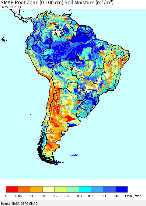 South America SMAP Root Zone (0-100 cm) Soil Moisture (m³/m³) Thematic Map For 5/6/2023 - 5/10/2023