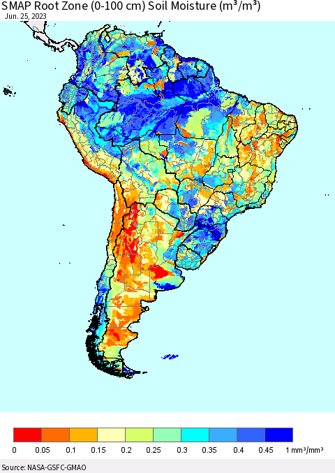South America SMAP Root Zone (0-100 cm) Soil Moisture (m³/m³) Thematic Map For 6/21/2023 - 6/25/2023