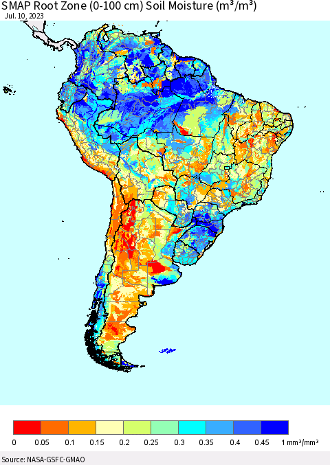 South America SMAP Root Zone (0-100 cm) Soil Moisture (m³/m³) Thematic Map For 7/6/2023 - 7/10/2023