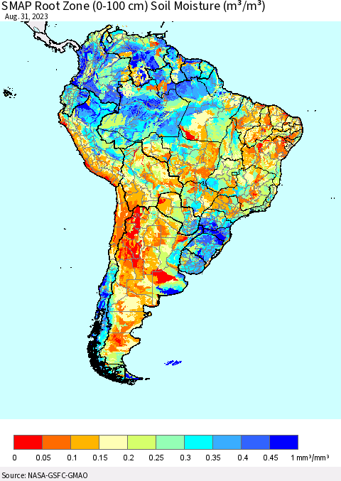 South America SMAP Root Zone (0-100 cm) Soil Moisture (m³/m³) Thematic Map For 8/26/2023 - 8/31/2023