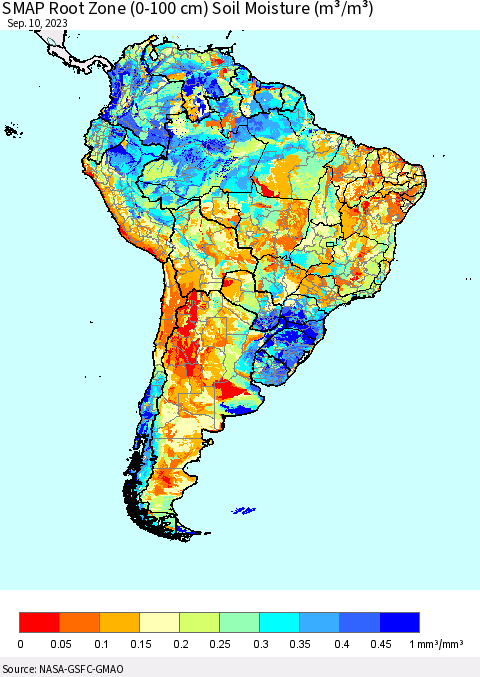 South America SMAP Root Zone (0-100 cm) Soil Moisture (m³/m³) Thematic Map For 9/6/2023 - 9/10/2023