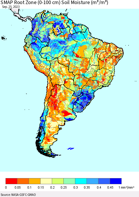 South America SMAP Root Zone (0-100 cm) Soil Moisture (m³/m³) Thematic Map For 9/21/2023 - 9/25/2023