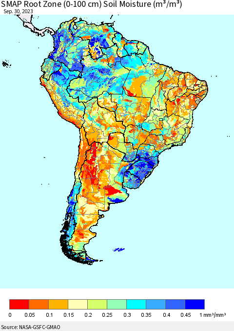 South America SMAP Root Zone (0-100 cm) Soil Moisture (m³/m³) Thematic Map For 9/26/2023 - 9/30/2023