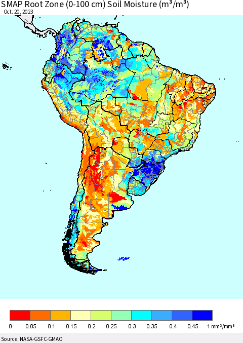 South America SMAP Root Zone (0-100 cm) Soil Moisture (m³/m³) Thematic Map For 10/16/2023 - 10/20/2023