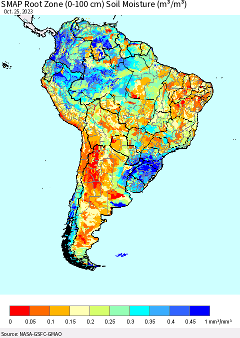 South America SMAP Root Zone (0-100 cm) Soil Moisture (m³/m³) Thematic Map For 10/21/2023 - 10/25/2023