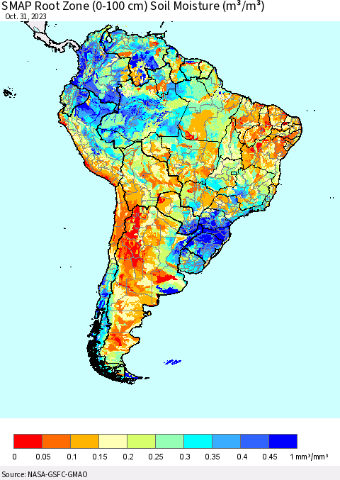 South America SMAP Root Zone (0-100 cm) Soil Moisture (m³/m³) Thematic Map For 10/26/2023 - 10/31/2023