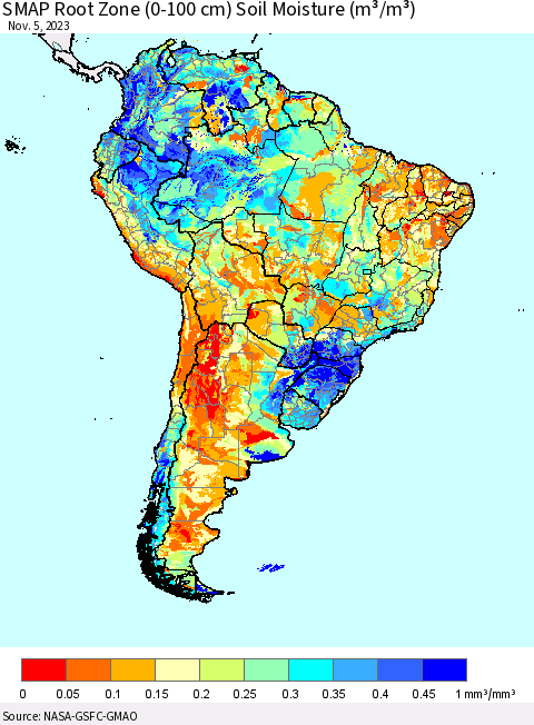 South America SMAP Root Zone (0-100 cm) Soil Moisture (m³/m³) Thematic Map For 11/1/2023 - 11/5/2023