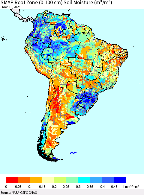 South America SMAP Root Zone (0-100 cm) Soil Moisture (m³/m³) Thematic Map For 11/6/2023 - 11/10/2023