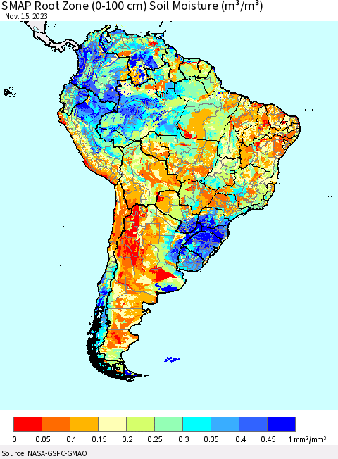South America SMAP Root Zone (0-100 cm) Soil Moisture (m³/m³) Thematic Map For 11/11/2023 - 11/15/2023