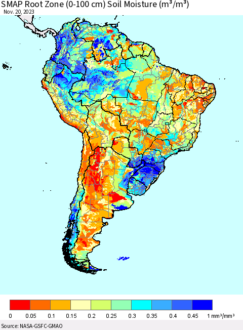 South America SMAP Root Zone (0-100 cm) Soil Moisture (m³/m³) Thematic Map For 11/16/2023 - 11/20/2023