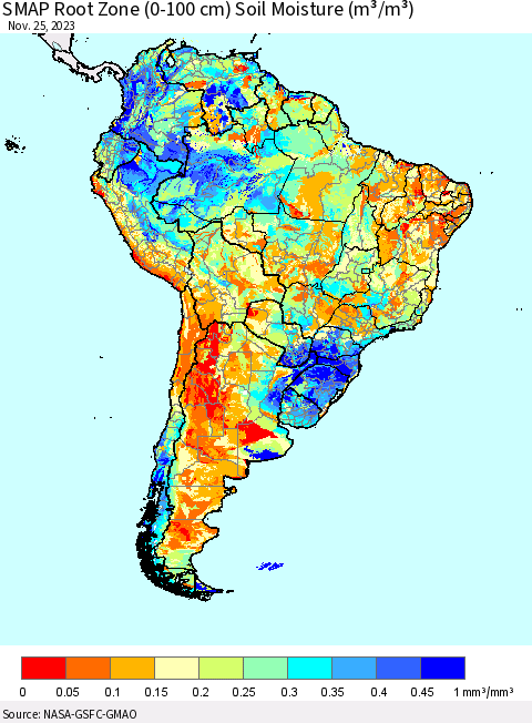 South America SMAP Root Zone (0-100 cm) Soil Moisture (m³/m³) Thematic Map For 11/21/2023 - 11/25/2023