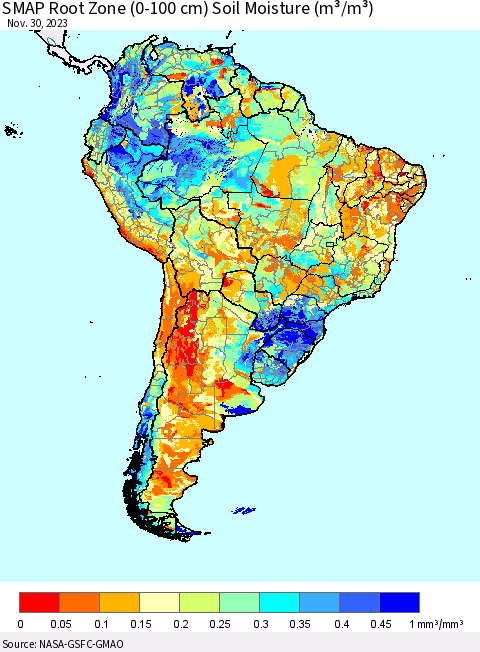 South America SMAP Root Zone (0-100 cm) Soil Moisture (m³/m³) Thematic Map For 11/26/2023 - 11/30/2023