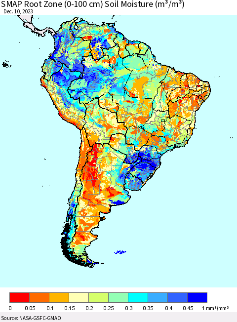 South America SMAP Root Zone (0-100 cm) Soil Moisture (m³/m³) Thematic Map For 12/6/2023 - 12/10/2023