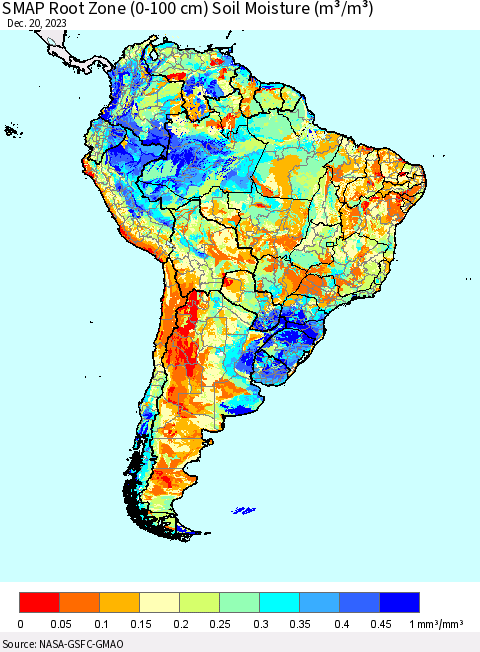South America SMAP Root Zone (0-100 cm) Soil Moisture (m³/m³) Thematic Map For 12/16/2023 - 12/20/2023