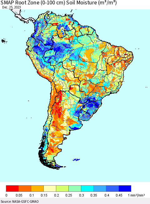 South America SMAP Root Zone (0-100 cm) Soil Moisture (m³/m³) Thematic Map For 12/21/2023 - 12/25/2023