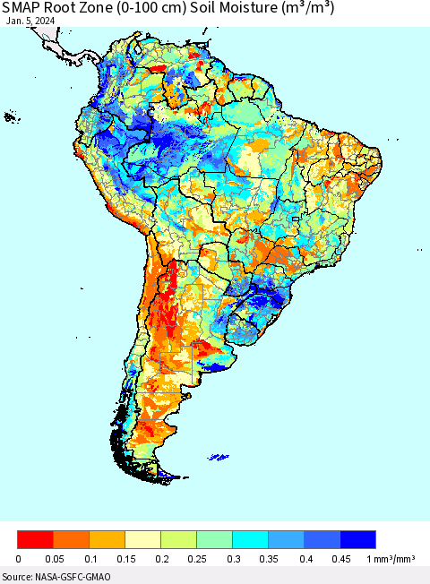 South America SMAP Root Zone (0-100 cm) Soil Moisture (m³/m³) Thematic Map For 1/1/2024 - 1/5/2024