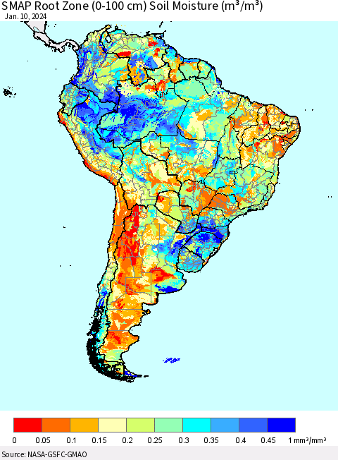 South America SMAP Root Zone (0-100 cm) Soil Moisture (m³/m³) Thematic Map For 1/6/2024 - 1/10/2024