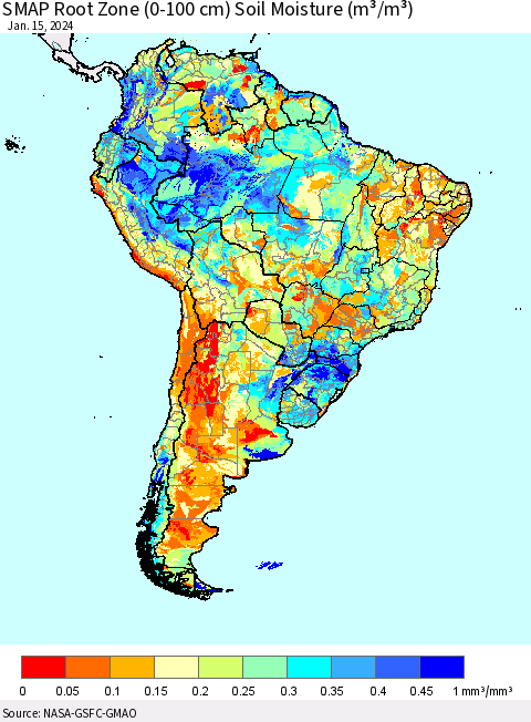 South America SMAP Root Zone (0-100 cm) Soil Moisture (m³/m³) Thematic Map For 1/11/2024 - 1/15/2024