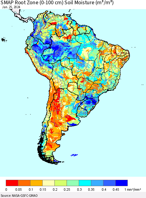 South America SMAP Root Zone (0-100 cm) Soil Moisture (m³/m³) Thematic Map For 1/21/2024 - 1/25/2024