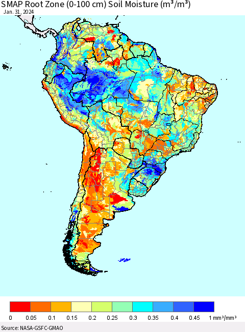 South America SMAP Root Zone (0-100 cm) Soil Moisture (m³/m³) Thematic Map For 1/26/2024 - 1/31/2024