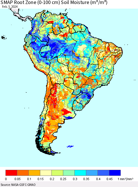 South America SMAP Root Zone (0-100 cm) Soil Moisture (m³/m³) Thematic Map For 2/1/2024 - 2/5/2024