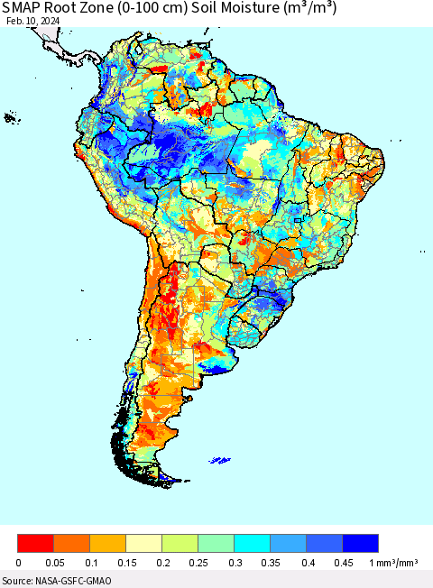 South America SMAP Root Zone (0-100 cm) Soil Moisture (m³/m³) Thematic Map For 2/6/2024 - 2/10/2024