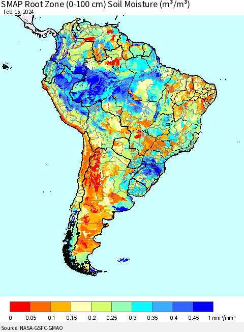 South America SMAP Root Zone (0-100 cm) Soil Moisture (m³/m³) Thematic Map For 2/11/2024 - 2/15/2024