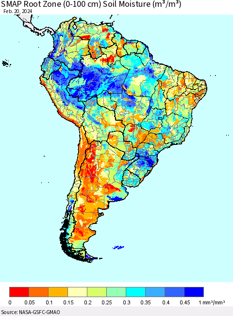South America SMAP Root Zone (0-100 cm) Soil Moisture (m³/m³) Thematic Map For 2/16/2024 - 2/20/2024