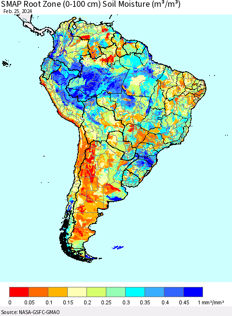 South America SMAP Root Zone (0-100 cm) Soil Moisture (m³/m³) Thematic Map For 2/21/2024 - 2/25/2024