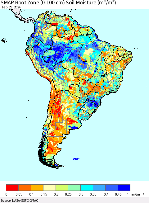 South America SMAP Root Zone (0-100 cm) Soil Moisture (m³/m³) Thematic Map For 2/26/2024 - 2/29/2024
