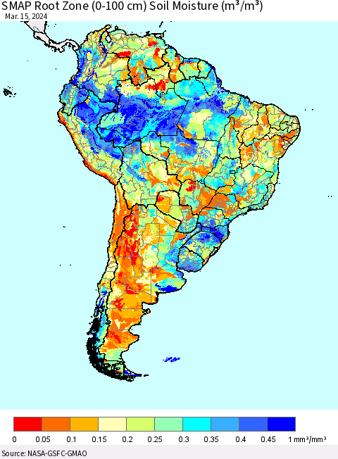 South America SMAP Root Zone (0-100 cm) Soil Moisture (m³/m³) Thematic Map For 3/11/2024 - 3/15/2024