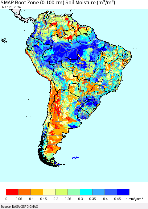 South America SMAP Root Zone (0-100 cm) Soil Moisture (m³/m³) Thematic Map For 3/16/2024 - 3/20/2024