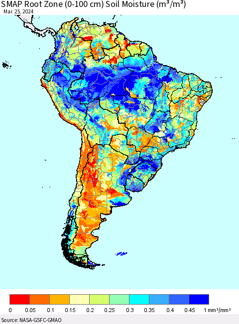 South America SMAP Root Zone (0-100 cm) Soil Moisture (m³/m³) Thematic Map For 3/21/2024 - 3/25/2024
