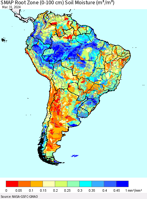 South America SMAP Root Zone (0-100 cm) Soil Moisture (m³/m³) Thematic Map For 3/26/2024 - 3/31/2024