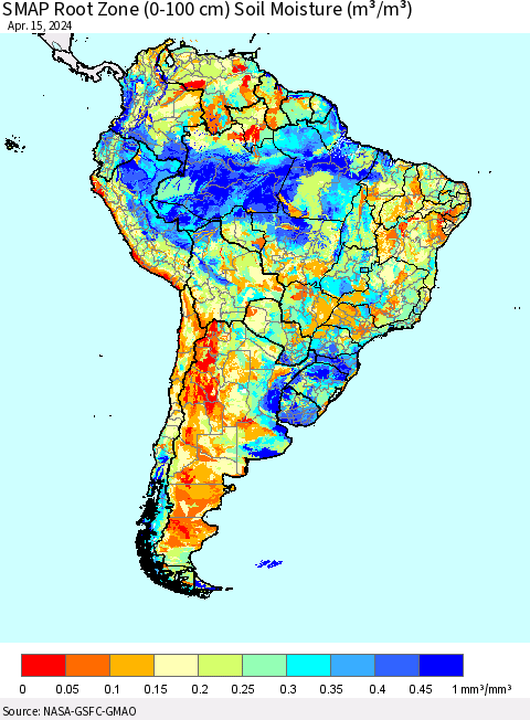 South America SMAP Root Zone (0-100 cm) Soil Moisture (m³/m³) Thematic Map For 4/11/2024 - 4/15/2024